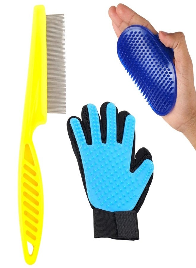 REGIIS PetGroomer Pro 3-Piece Pet Grooming Set, Dog Brush Kit with Blue Deshedding Glove, Yellow Metal Flea Comb, Blue Rubber Massage Brush for Dogs and Cats(3 pack) - Image 1